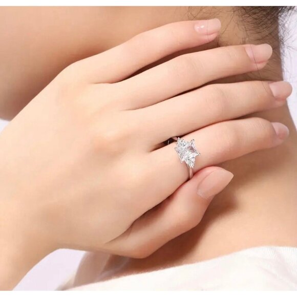 925 Sterling Silver Princess Cut Engagement Ring - Picture 1 of 4